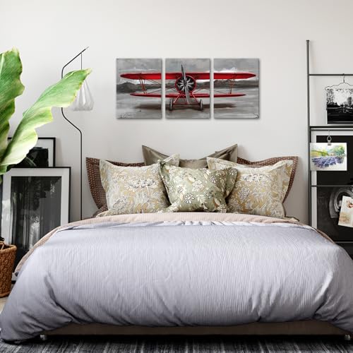 Skenoart 3 Piece Vintage Airplane Canvas Wall Art Red Jet Paintings Aircraft Pictures Red And Gray Aviation Posters Print For Living Room Bedroom Bathroom Wall Decor Office Home Wall Decorations 12"X16"X3Pcs thumb #4