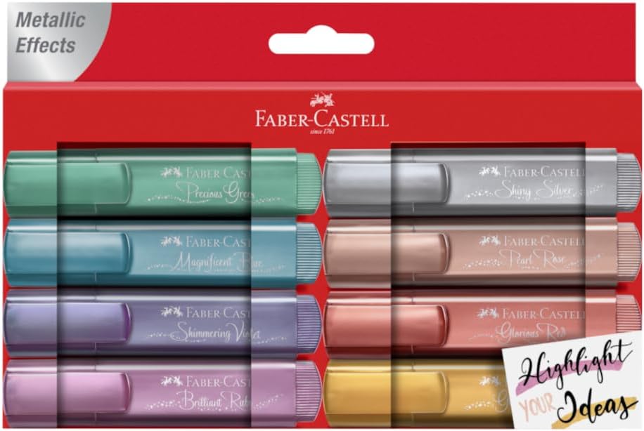 Faber-Castell 46 Metalik Renk Fosforlu Kalem Seti, 8'li Karton Kutu, Su Bazlı Mürekkep, Dayanıklı Kesik Uç