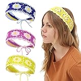 HAIMEIKANG 3PCS Hippie Hair Bandanas Headbands for Women, Crochet Boho Headbands Floral Hair Bands for Girls (daisy-style