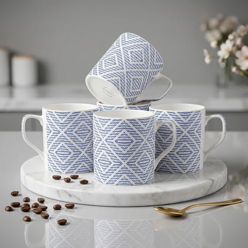 Image of U.P.C. Contemporary Geometric Blue Line Bone China Mug Set of 6, Stylish Tea Coffee Cups for Dining & Kitchen