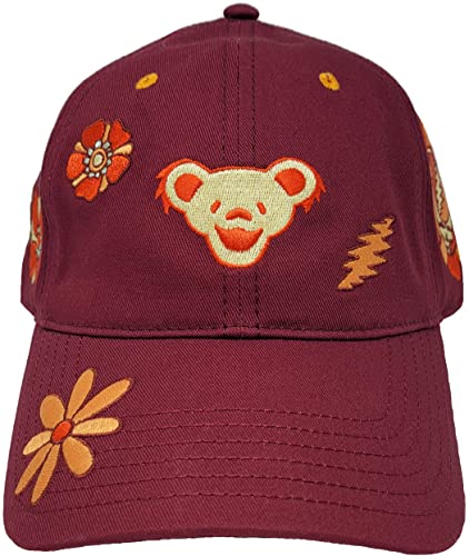 Ripple Junction Grateful Dead Retro Floral Icons Embroidered Structured Adjustable Adult Unisex Vintage Dad Hat - Maroon One Size