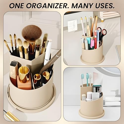 Image of OCEANEVO Cosmetic Makeup Brush Holder with Makeup Sponge, Dustproof Makeup Brush Organiser Stand with 360 Rotatable Lid - 12.5 x 27 Cm - Beige - 1 Year Warranty
