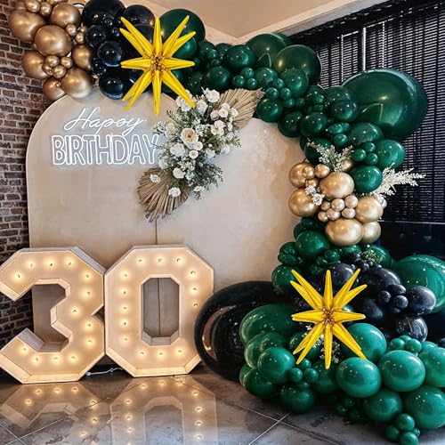 Image of Dark Green and Black Balloon Arch Kit with Explosion Star Balloons, 123pcs Emerald Green and Confetti Gold Balloon Garland for Birthday Anniversary Bachelorette Grad Father's Day Party Decorations
