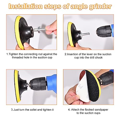60 BläTter Schleifpapier 125mm Klett, 2 Stück Klett-StüTzteller, Schleifpapier 40/80/120/180/240/320 KöRnung, M14 Schleifscheiben Klett, mit 2 Stab, für Bohrschleifer, Winkelschleifer