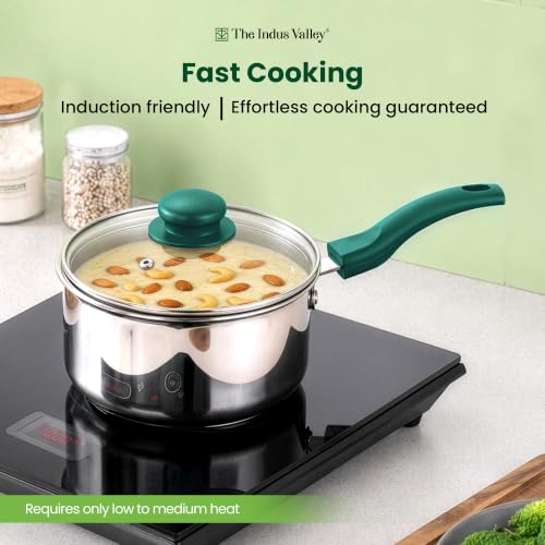 Image of The Indus Valley Stainless Steel Impact Bonded Sauce Pan 1.5 litres with Glass Lid | Chai & Soup Pan | Induction & Gas Compatible | 3-Layer Thick Bottom | Stay-Cool Handles | 100% Toxin-Free