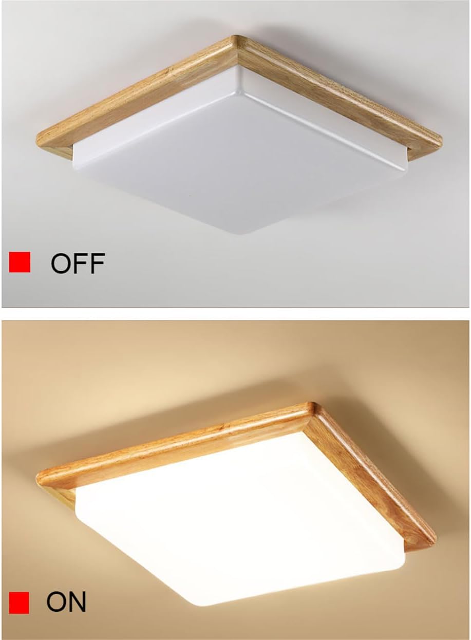 Dimmable LED Ceiling Light with Wood Base - 6000K Cool White Square Semi Flush Mount Lamp for Bedroom, Living Room, Hallway - Japanese Style Indoor Lighting