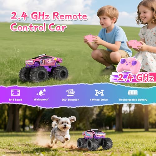 Image of Amphibious Remote Control Car, 1:18 Pink Monster Truck Toys for Girls RC Cars, 2.4 GHz Waterproof RC Trucks, 4WD All Terrain Off-Road Pickup, Girls Christmas Birthday Gifts Presents Kids Toys Ages 6+