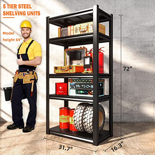Raybee 72" Garage Shelving Heavy Duty, 2010Lbs Garage Storage Shelves With 5 Tier Adjustable Metal Shelving Unit,Heavy Duty Shelving,Metal Storage Shelves For Basement,Easy Assembly,16.3"Dx31.7"Wx72"H #TOP2