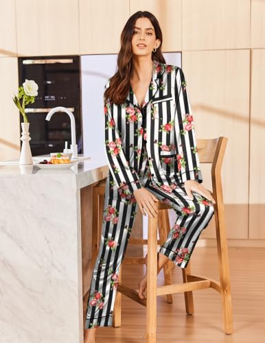 Image of Ekouaer Pajamas for Women Silk Satin Button Down Long Sleeve Pajama Sets