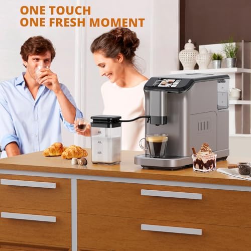 Fully Automatic Espresso Machine with Grinder, Milk Frother, TFT Touch Display, 20 Bar Pressur & 15 Grind Settings, Auto Cleaning for Latte, Cappuccino, Espresso, Silver