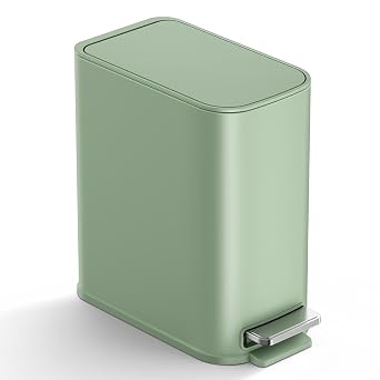 TIPGO Small Bathroom Trash Can with Lid Soft Close, Step Pedal, 1.3 Gallon / 5 Liter Stainless Steel Slim Garbage Can for Office, Diaper Waste Basket with Removable Inner Bucket Green
