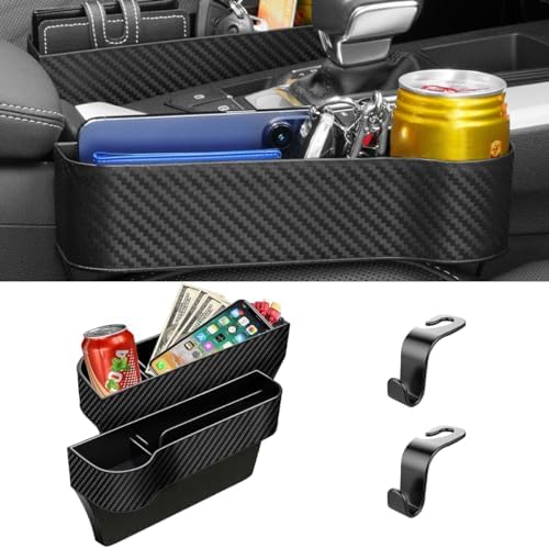 2PCS Car Seat Gap Filler Organizer, Multifunctional Storage Box Car Seat Organizer with Cup Holder & USB Charging Hole, Auto Console Side Pocket with Seat Hooks for Wallet Phone