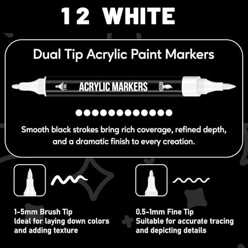 Image of Pagather White Acrylic Paint Markers, 12 Pack Dual Tip with Fine Tip and Brush Tip Pens for Stone, Wood, Calligraphy, Canvas, Ceramic, Metal, Glass, Rock Painting, DIY Crafts