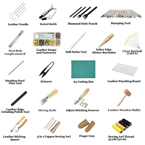 Leather Working Tools SIMPZIA 131PCS Leathercraft Tools with 20PCS Leather Stamping Tools, Cutting Mat, Stitching Groover, Prong Punch, Snaps and Rivets Kit, Leather Tooling Kit for DIY Leather Craft