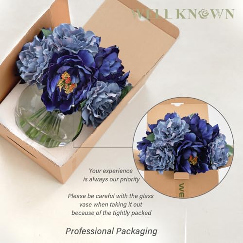 WELL KNOWN Artificial Blue Peonies Flowers in Vase with Faux Water, Silk Fake Flower Arrangements for Spring Home Dining Coffee Table Decor Wedding Party Centerpieces & Mom's Birthday Gift by WELL KNOWN - Used condition - Image 3