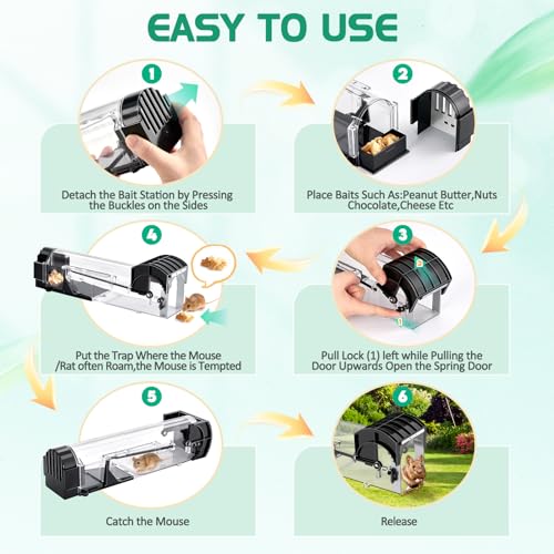 Mouse Traps, 4 Pack Enlarged Humane Mouse Traps for Indoors and Outdoors, No Kill Mice Trap, Improved Highly Sensitive, Effective Quick Reusable Rodent Catcher with Cleaning Brushs (Random Color)