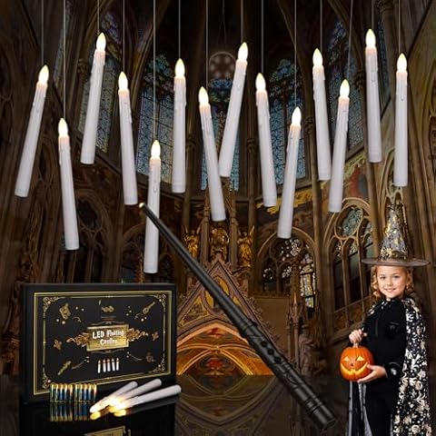 yunsheng Halloween Floating Candles with Wand Remote and 37AAA Batteries, 12PCS Flameless Magic Hanging Candles Flickering with Magic Cloak and Hat, Battery Taper Candles for Halloween Home Party Cover