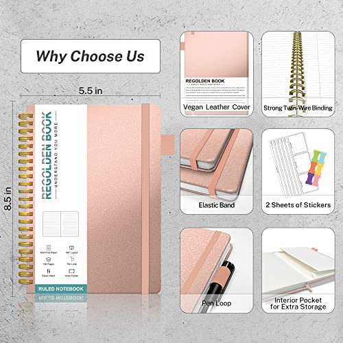 Regolden-Book Spiral Ruled Notebook, Ruled Lined Hardcover Journal For Note Taking, 100Gsm Thick Paper With Pocket For Men & Women School/College/Work/Office, 160 Pages, 5.5X8.5,(Rose Gold) #TOP3