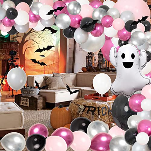 175Pcs Girls Halloween Baby Shower Party Decorations - Pink And Black Halloween Balloon Garland Arch Kit With Ghost Balloons, 3D Bat Stickers For Baby Girls Halloween Birthday Party Supplies #TOP6