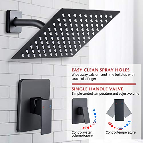 HGN Shower Faucet Set with 8 Inch Stainless Steel Rainfall Shower Head,Single Function Shower System with Rough-in Valve,Matte Black Shower Trim Kit