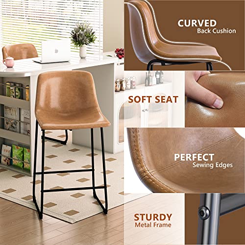Yafiti 24 Inch Bar Stools Set Of 2, Modern Bar Height Barstools, Faux Leather Barstools With Back And Metal Leg, Armless Tall Bar Dining Chairs For Kitchen Island Counter, Brown #TOP3