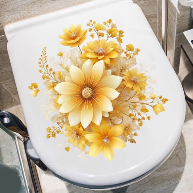 Golden Chrysanthemum Toilet Cover Sticker Decals,Fish Bird Flower Leaf Waterproof Toilet Lid Tank Seat Decals Cistern Self-Adhesive Bathroom Wall Sticker, White