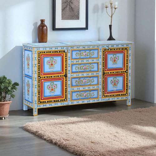 Image of APRODZ Hand-Painted Solid Wood Sideboard Cabinet with 2 Doors & 4 Drawers | Wooden Storage Cabinet for Bedroom Living Room & Kitchen | Crockery Cabinet, Kitchen Storage | Multicolor, 54x16x36 Inches