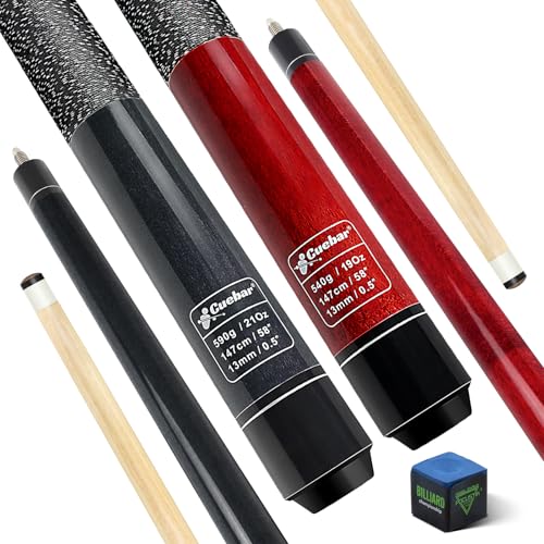 Pool Cues Set of 2, 58" 2-Piece Pool Sticks for Adults, Maple Wood Billiard Cue Sticks for House Bar, 13mm Tip, Imitation Linen Wrap, 2 Different Colors and Weights Black+Red