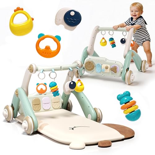 Image of Jovow 2 in 1 Baby Gym with Walker,Baby Play Mat with 4 Infant Learning Sensory,Double-Sided Multifunctional Removable Play Piano Panel,Sit-to-Stand Learning Walker for 0-24 Months Boy Girl [White]