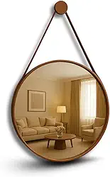Espelho Decorativo Redondo Adnet Suspenso com Alça Costurada em Couro Ecológico para Banheiro Quarto Sala (Caramelo/50cm)