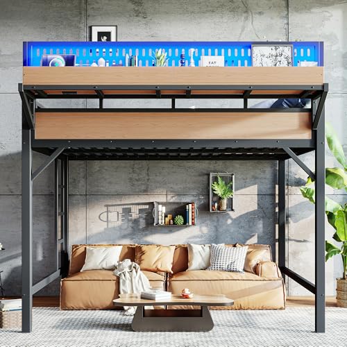 KEIKI Queen Metal Loft Bed with Shelves, Pegboard, USB Ports and LED Lights by KEIKI - Used condition - Image 3