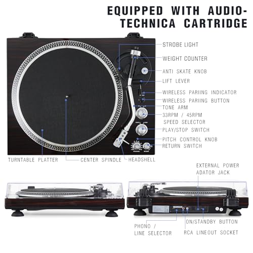 CrosAudio High-Fidelity Vinyl Record Player, Bluetooth Turntable with Magnetic Cartridge, 2-Speed Belt Drive Wood Vintage Player with Auto-Return, Adjustable Counterweight, Pitch Control & Preamp