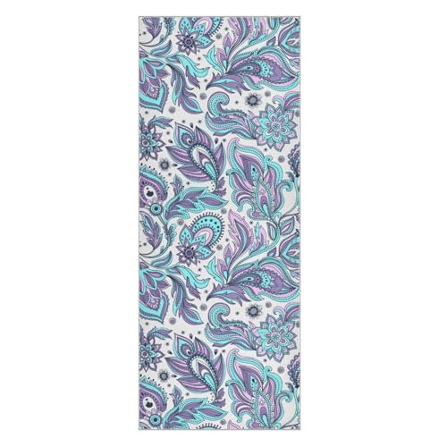 Fygkptb Seamless Purple Turquoise Paisley Flowers Floral Ornament on White Yoga Towel Non Slip Yoga Mat Cloth Foldable Yoga Towel Sweat Absorbent Yoga Towel with Storage Mesh Bag 73 x 27 inch