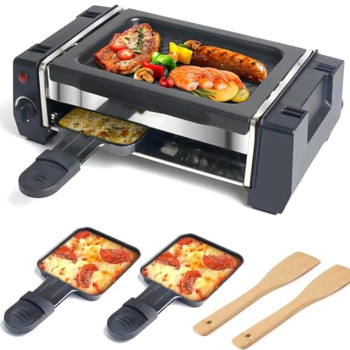 Raclette Grill, Electric Griddle Indoor Grill, Non-Stick Coating Electric Grill Machine, 2 Raclette Cheese Pans and 2 Wooden Spatulas, Adjustable Temperature Control for BBQ Grill, Family, Party