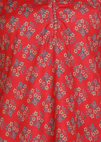 Image of Cotton Printed Co-ord Set, Red Rose, 3 /4 Sleeve Top with Mandarin Neck, Regular Fit Pants, Casual Wear