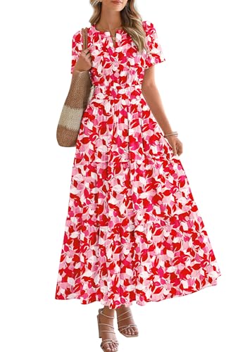 Image of BTFBM Womens Summer Floral Maxi Dresses V Neck Short Sleeve Boho Casual Flowy Long Wedding Guest Dress Beach Vacation