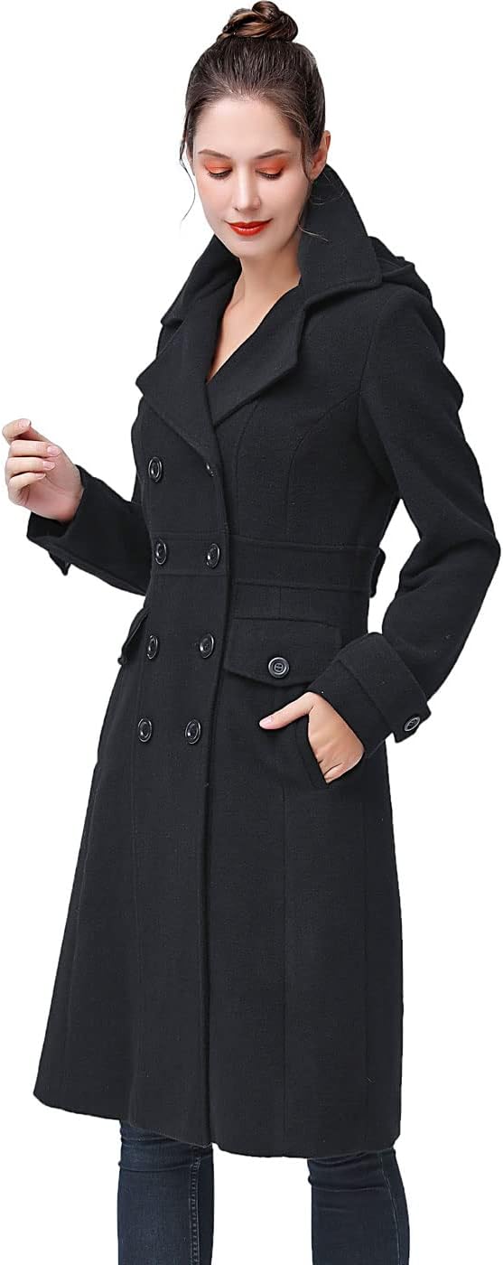 BGSD Women Ady Wool Blend Hooded Long Walking Pea Coat (Also available in Plus Size and Petite)