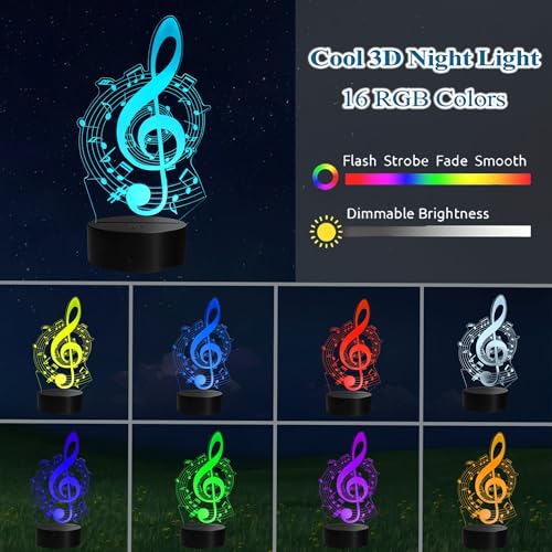 Image of Music Note Gifts, 3D Illusion Lamp, 3D Music Night Light with 16 Colors Remote and Touch Control, Timer, Dimmable and 4 Flash Modes, Music Note Decor for Kids Room, Girls Birthday Gifts