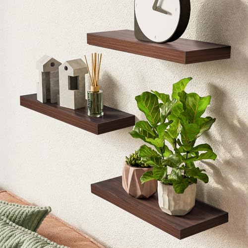 BAYKA Floating Shelves for Wall, Wall Mounted Rustic Wood Shelves for Bathroom, Bedroom, Living Room, Kitchen,Small Hanging Shelf for Books/Storage/Room Decor (Walnut-Like, Set of 3, 15.7in)