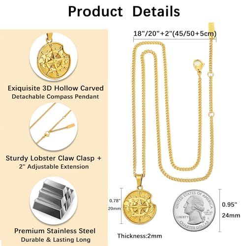 murtoo Compass Pendant Necklace for Men, Gold Silver Stainless Steel Mens Compass Necklaces, Stylish Jewelry Gift for Men Him Her3