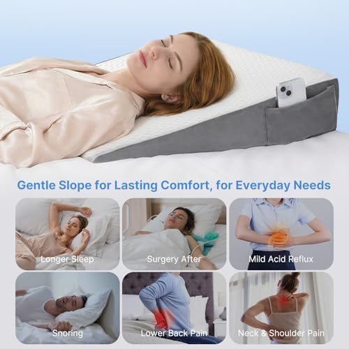 Image of Vekkia 24 inch x 24 inch x 5.5 inch Bed Wedge Pillow for Sleeping - Triangle Pillow for Sleep Apnea, Acid Reflux, Snoring & Back Support, Post-Surgery Recovery, with Pockets & Washable Cover