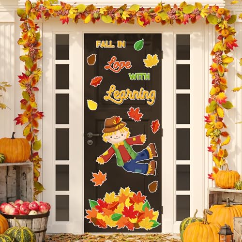 Containlol 50 Pcs Fall Bulletin Board Decorations Set Autumn Paper Cutouts Scarecrow Patch Maple Leaf Fall In Love with Learning Classroom Decorations for School Chalkboard Door Thanksgiving Party Kid
