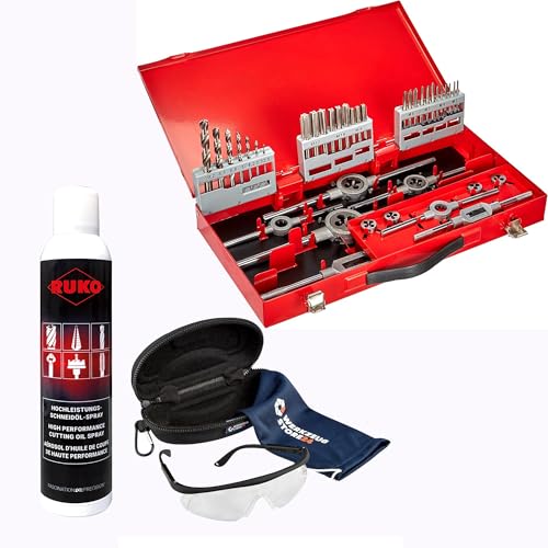 RUKO Gewindewerkzeugsatz HSS 245030, Gewindeschneider-Set für präzises Gewindeschneiden in Metall, Stahl, Aluminium & NE-Metallen, inkl. Spray & Schutzbrille