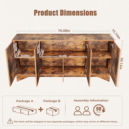 Allstand FAST0098ABLUSY Sideboard Buffet Cabinet With Storage, 70'' Large Modern Boho Rattan Buffet Sideboard Cabinets thumb #1
