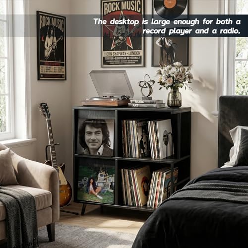 Image of Faesun 3 Tier Flip Top Record Player Stand, Vinyl Record Storage Holds up to 300+ Albums, Large Record Player Cabinet, Vintage Turntable Stand with Vinyl Display, for Living Room Bedroom, Black