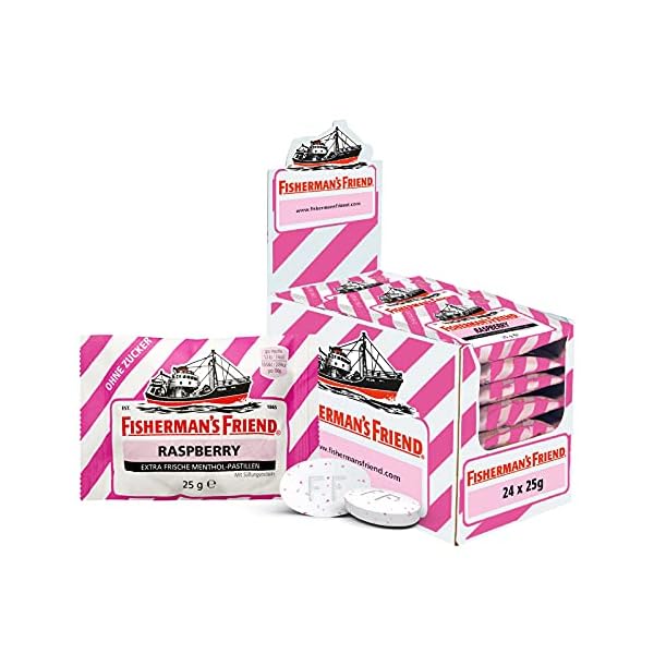 Fisherman's Friend Raspberry, 24er Vorratsbox, Himbeere und Menthol Geschmack, zuckerfrei & vegan, Bonbons für frischen…