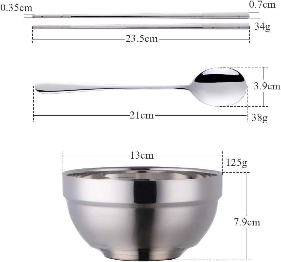 Bowl Set Stainless Steel Double Walled Bowls for Soup Cereal Rice Salad Snack Include Spoons and Chopsticks Set in Gift Box (Silver Set, 16.5 oz)