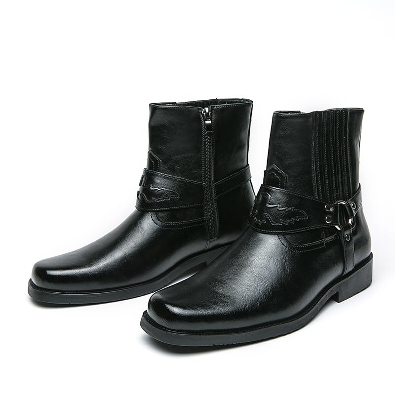 CHUUMEE Men's Casual High Western Buckle Strap Ankle Dress Boots，Men's Fashion Square Toe Side Zip Ankle Boots2