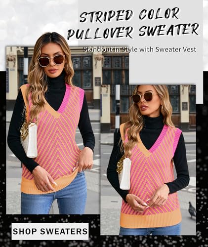 MARZXIN Women Sleeveless Sweater V Neck Casual 2025 Fall Knitted Chevron V Neck Sweater Vest Color Block Pullover Sweater Top3