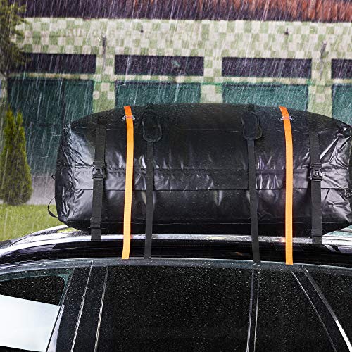 Heavy Duty Universal Car Roof Bag 432 litres, Waterproof 500D PVC, (Roof Rack Not Required) Ideal Cargo Travel Box for Luggage including Non-slip Mat, Hooks & Lash Straps - 15 Cubic Feet